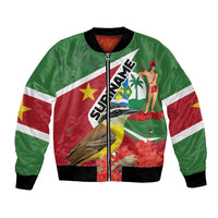 Green bomber jacket with full front zip, black ribbed cuffs, flag graphic and bird art