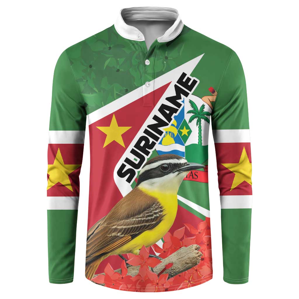 Green long-sleeve button sweatshirt with front graphic bird and tropical flag design