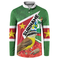 Green long-sleeve button sweatshirt with front graphic bird and tropical flag design