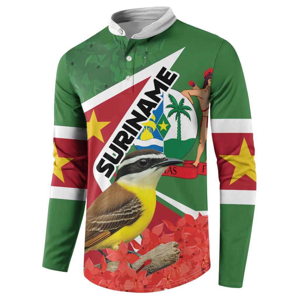 Green long-sleeve button sweatshirt with front 3/4 graphic bird and palm scene