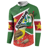 Green long-sleeve button sweatshirt with front 3/4 graphic bird and palm scene
