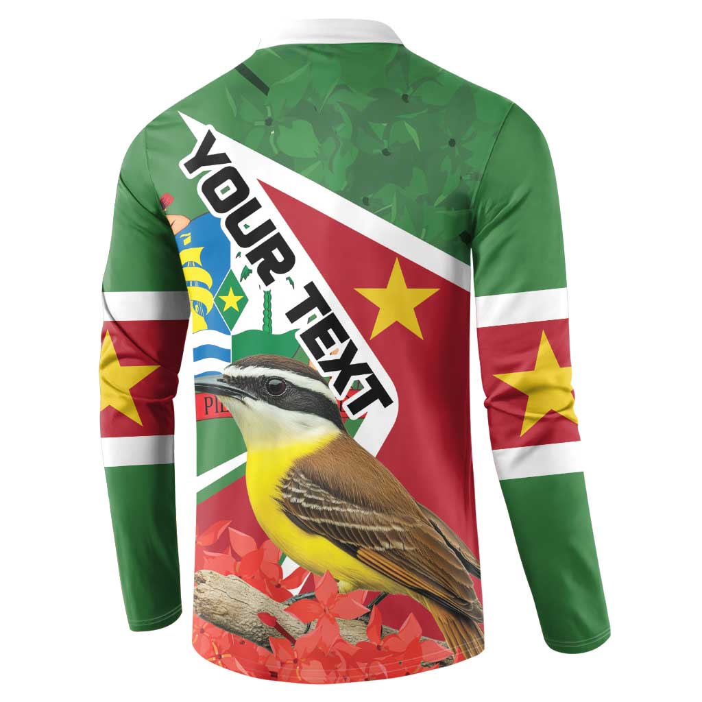 Green long-sleeve button sweatshirt with back graphic and diagonal 'YOUR TEXT' text