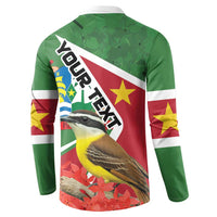 Green long-sleeve button sweatshirt with back graphic and diagonal 'YOUR TEXT' text