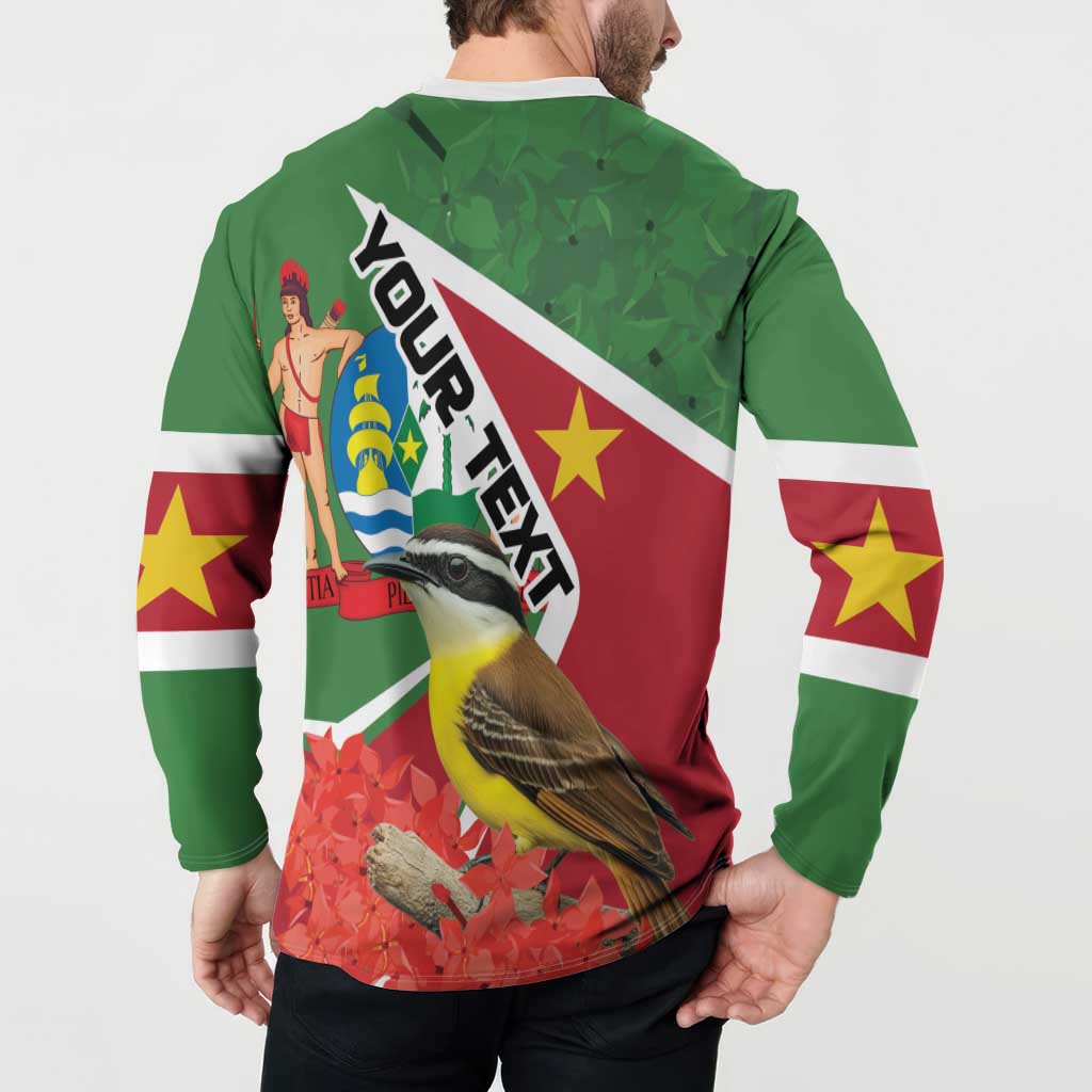 Green long-sleeve button sweatshirt worn by model, back graphic with diagonal text and bird