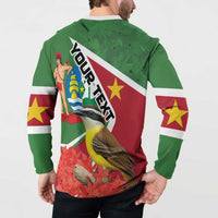 Green long-sleeve button sweatshirt worn by model, back graphic with diagonal text and bird