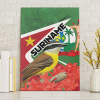 Suriname canvas wall art with green, red, and white banner and tropical bird illustration