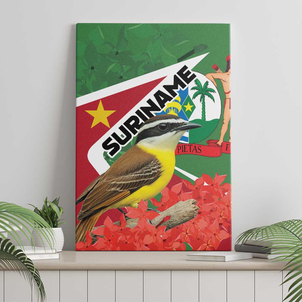 Suriname canvas wall art, vertical print with tropical bird and Suriname flag graphic