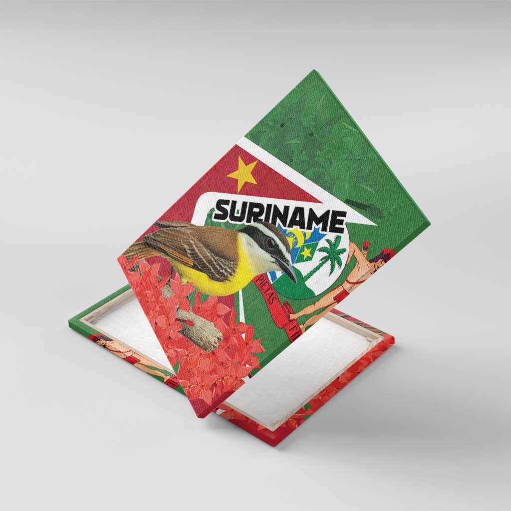 Suriname canvas wall art showing tropical bird over red flowers with green background