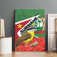 Suriname canvas wall art on wall, featuring tropical bird over red floral pattern and green