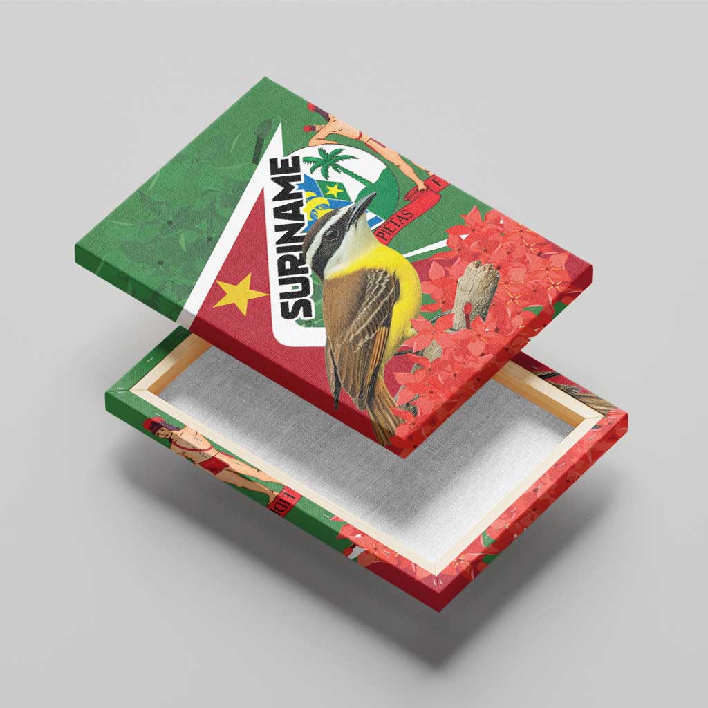 Suriname canvas wall art angled view, bird over red floral pattern with green background