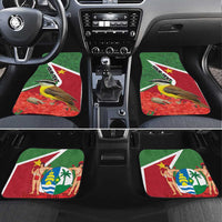Car floor mats with green and red flag design and bird print, shown in front and rear