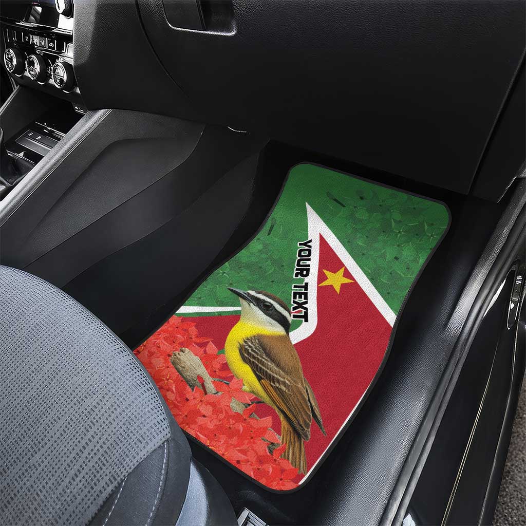 Car floor mat with green red flag and bird graphic, with vertical “YOUR TEXT”