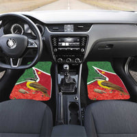 Car floor mats pair with green and red flag and bird graphic, fits front footwells