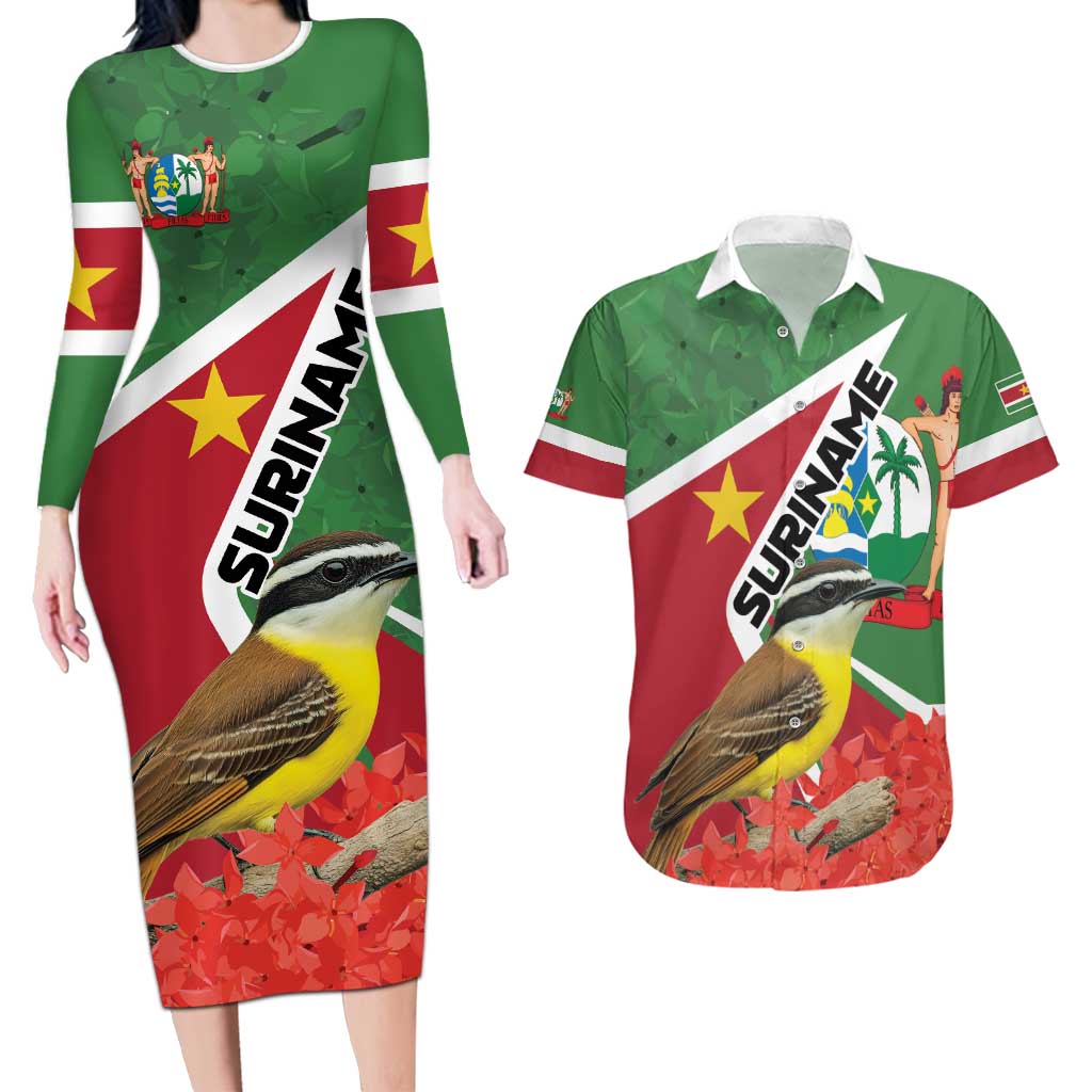 Personalized Suriname Couples Matching Long Sleeve Bodycon Dress and Hawaiian Shirt Gerechtigheid Vroomheid Vertrouwen - Wonder Print Shop