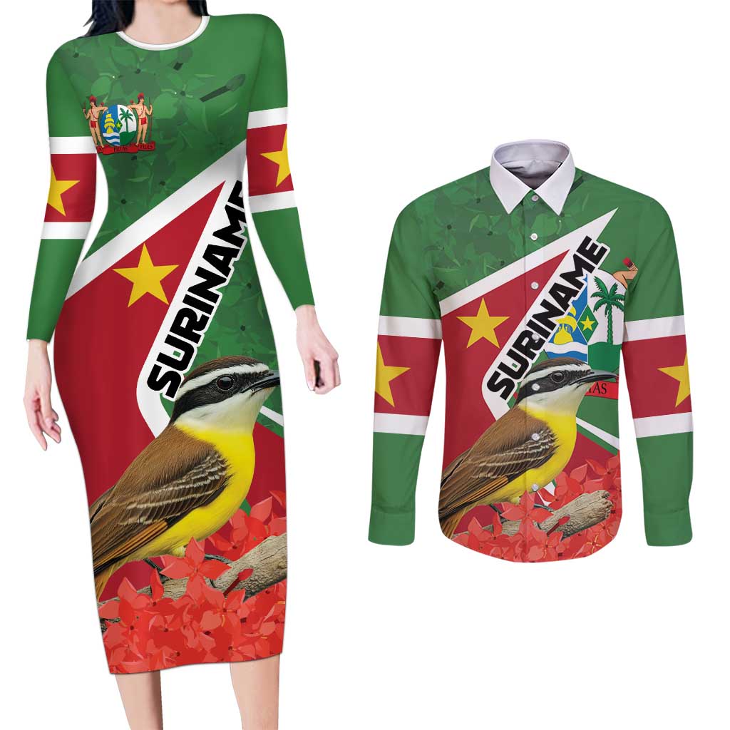 Personalized Suriname Couples Matching Long Sleeve Bodycon Dress and Long Sleeve Button Shirt Gerechtigheid Vroomheid Vertrouwen - Wonder Print Shop