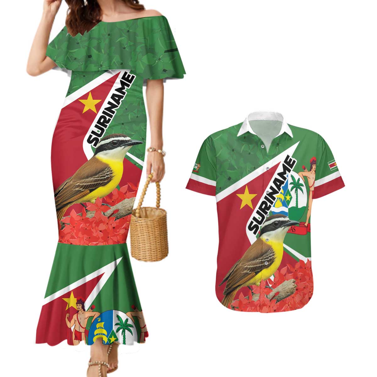 Personalized Suriname Couples Matching Mermaid Dress and Hawaiian Shirt Gerechtigheid Vroomheid Vertrouwen - Wonder Print Shop