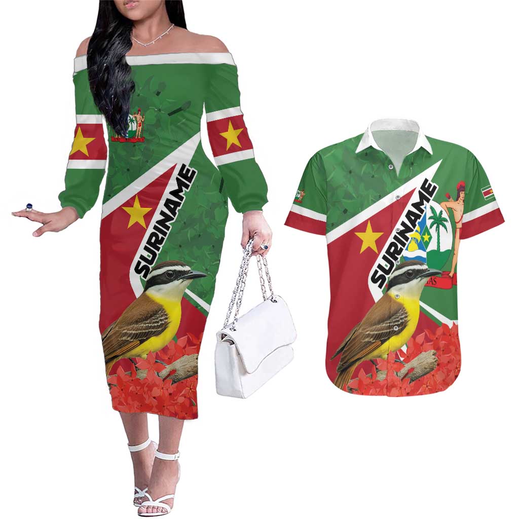 Personalized Suriname Couples Matching Off The Shoulder Long Sleeve Dress and Hawaiian Shirt Gerechtigheid Vroomheid Vertrouwen - Wonder Print Shop