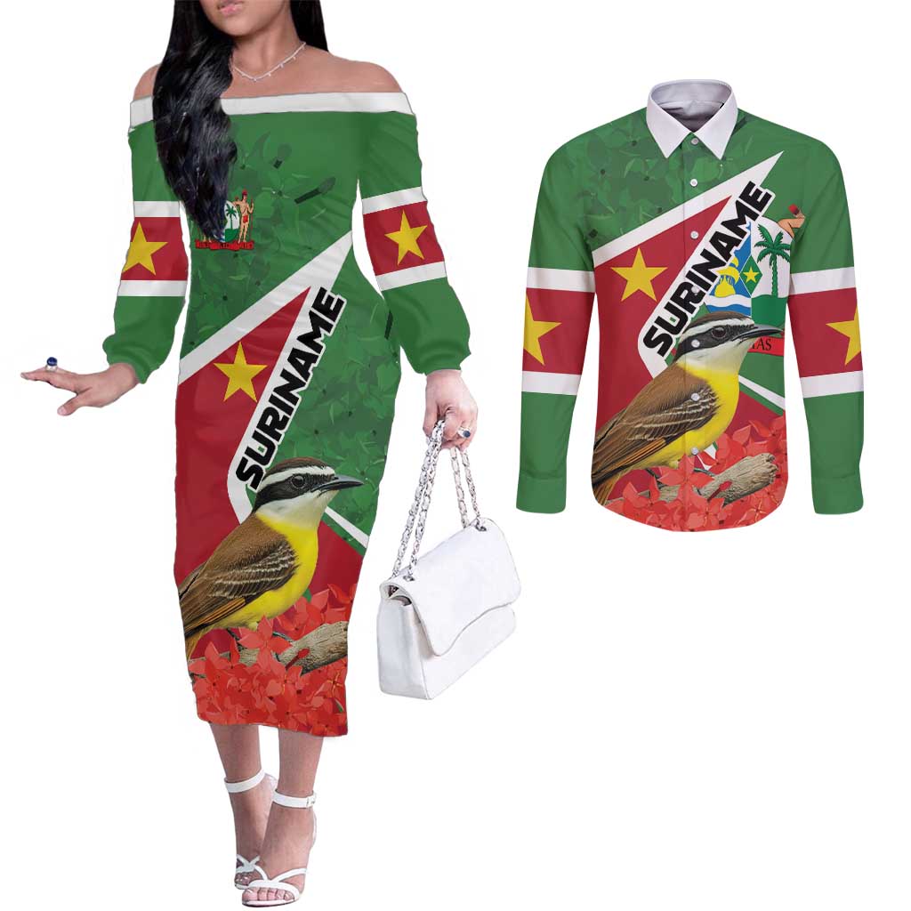 Personalized Suriname Couples Matching Off The Shoulder Long Sleeve Dress and Long Sleeve Button Shirt Gerechtigheid Vroomheid Vertrouwen