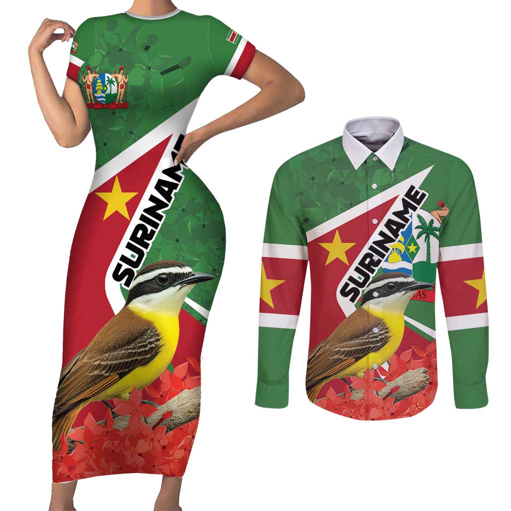 Personalized Suriname Couples Matching Short Sleeve Bodycon Dress and Long Sleeve Button Shirt Gerechtigheid Vroomheid Vertrouwen - Wonder Print Shop