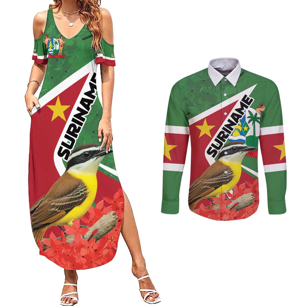 Personalized Suriname Couples Matching Summer Maxi Dress and Long Sleeve Button Shirt Gerechtigheid Vroomheid Vertrouwen - Wonder Print Shop