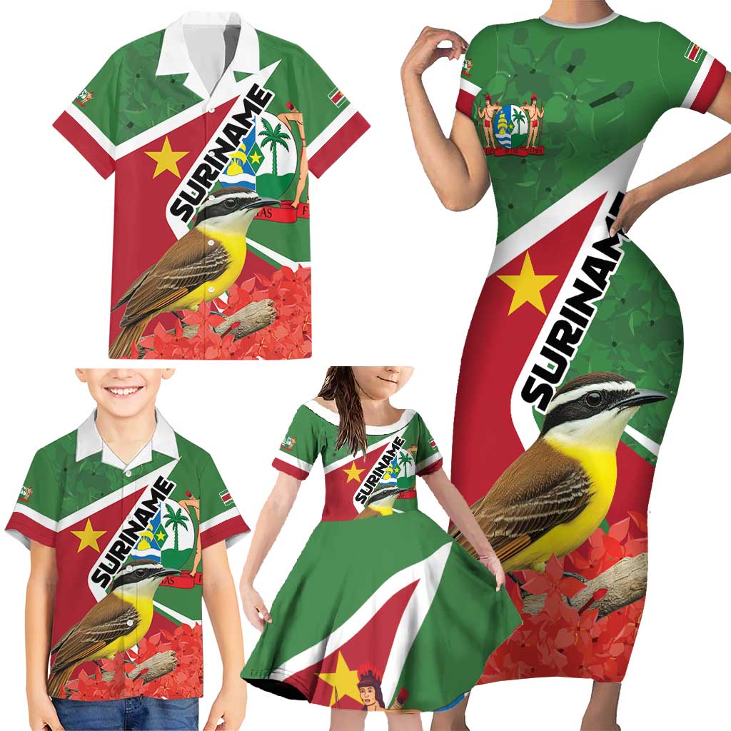 Personalized Suriname Family Matching Short Sleeve Bodycon Dress and Hawaiian Shirt Gerechtigheid Vroomheid Vertrouwen - Wonder Print Shop