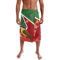 Men's graphic swim shorts with green-red flag collage and elastic waistband