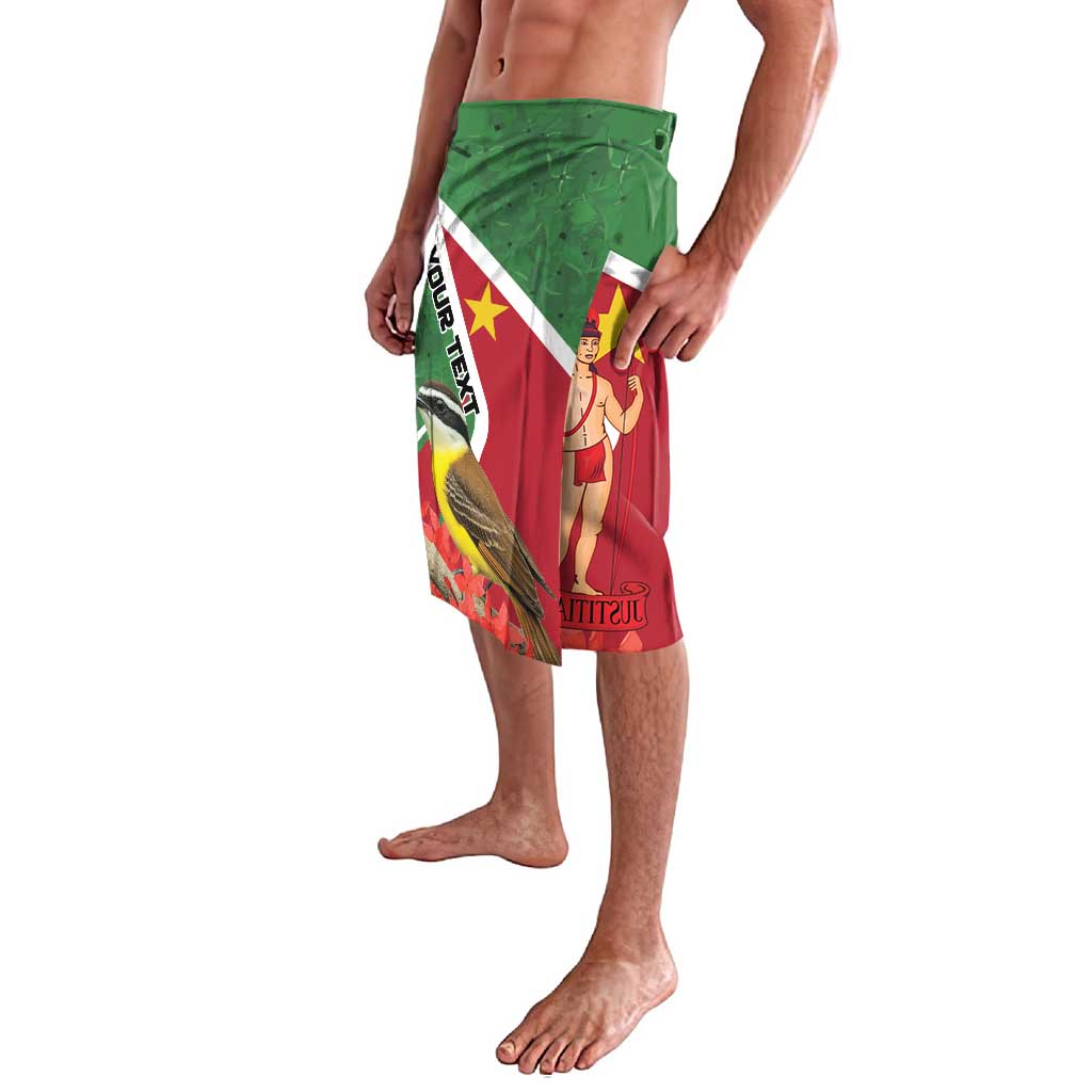 Men's graphic swim shorts in green and red, angled view of flag artwork