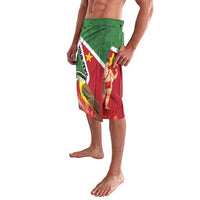 Men's graphic swim shorts in green and red, angled view of flag artwork