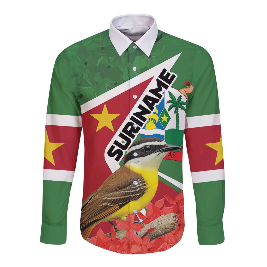 Green long-sleeve button shirt with Suriname flag graphic front and bird artwork
