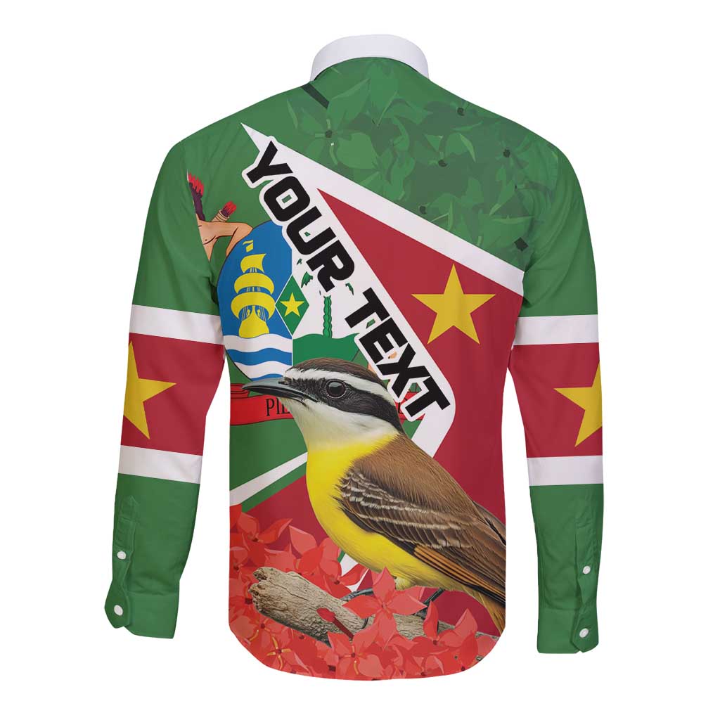 Green long-sleeve button shirt with Suriname flag graphic and bird artwork on back