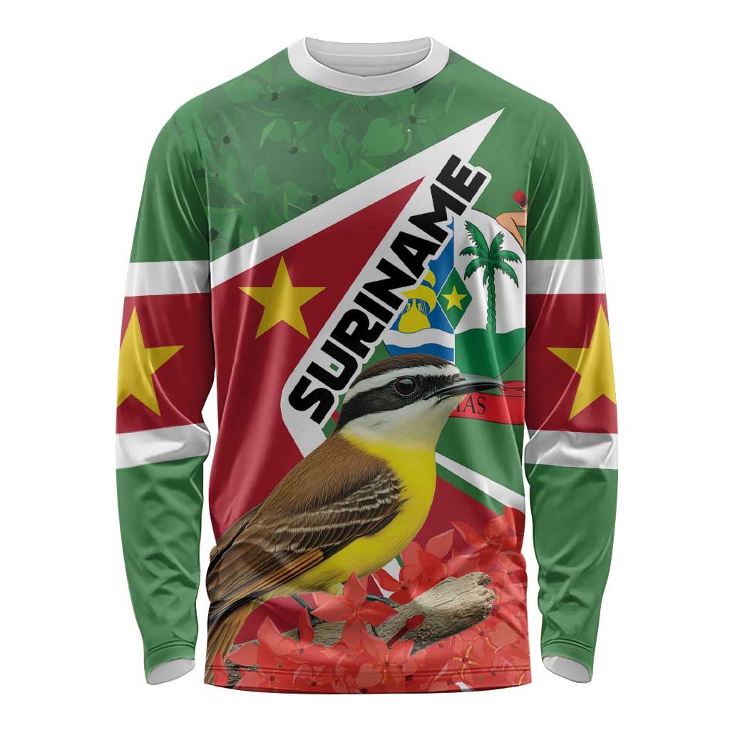 Green unisex long-sleeve shirt with colorful Suriname bird graphic, crew neck