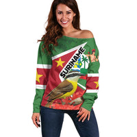 Women’s off-shoulder sweater, green with flag stripes, bird graphic, and custom text