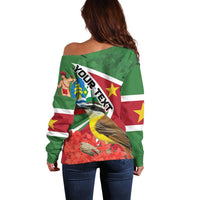Women’s off-shoulder sweater, green back with flag stripes, bird graphic, and custom text