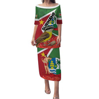 Off-shoulder long dress with short sleeves, green-red national flag graphic print.