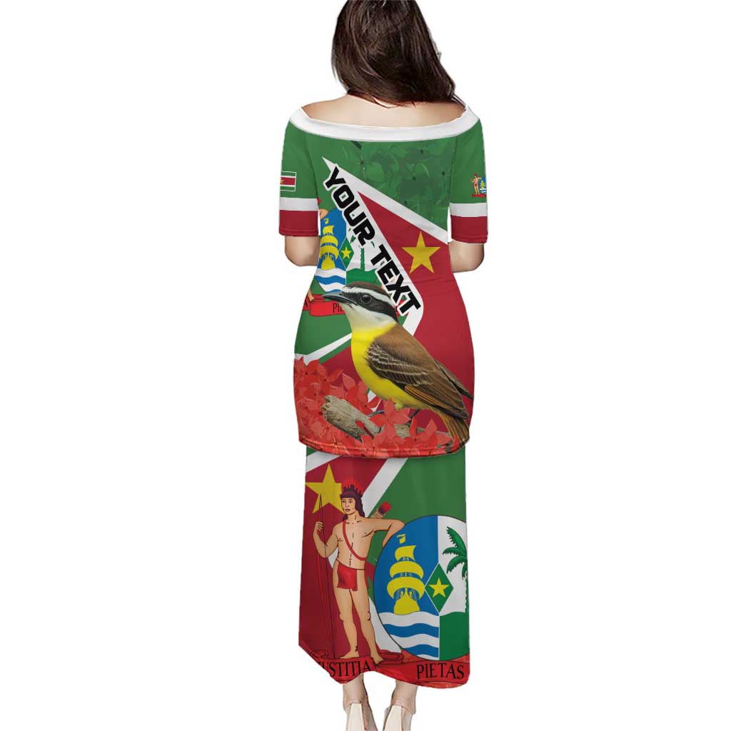 Off-shoulder long dress with short sleeves, green-red flag graphic print, back view.