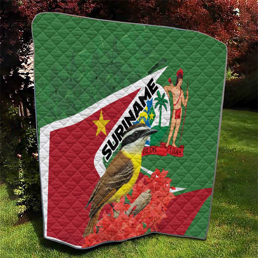 Suriname flag quilt with quilted texture, bird and SURINAME wordmark, palm figure