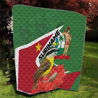 Suriname flag quilt with quilted texture, bird and SURINAME wordmark, palm figure