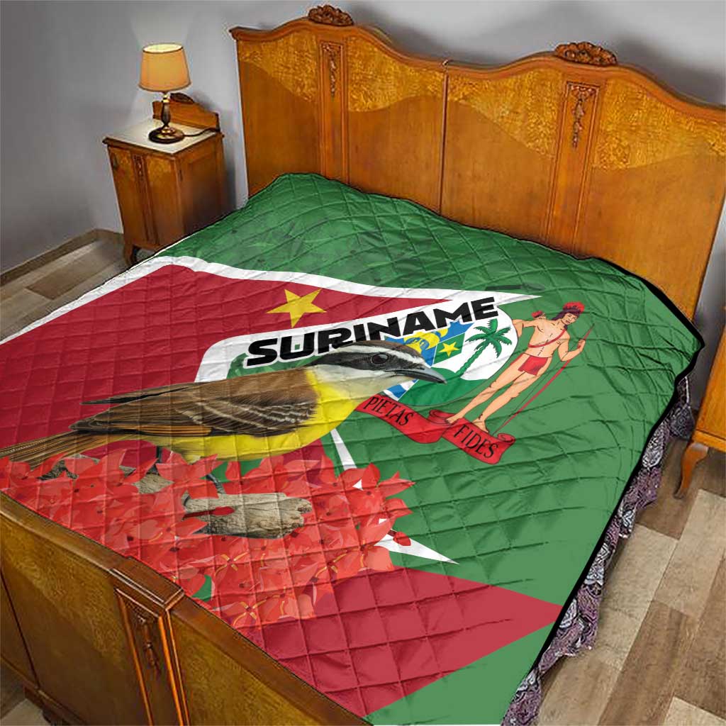 Suriname flag quilt cover with bird and palm dancer graphic over green and red field