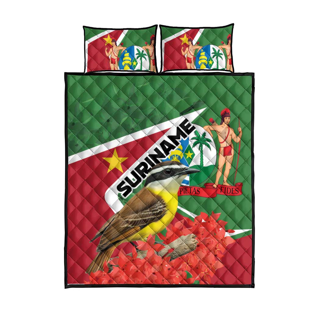 Green and red quilt bed set with Suriname flag print and two matching pillows