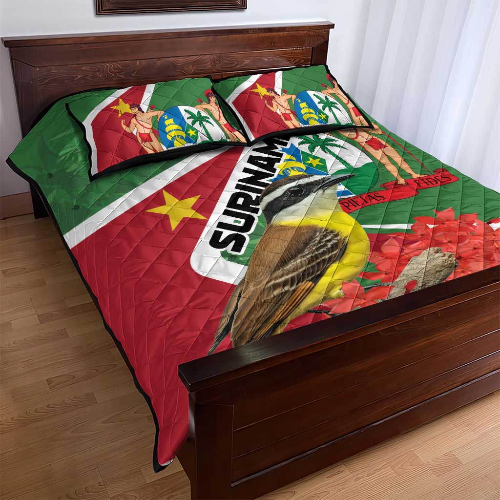 Green and red quilt bed set featuring Suriname flag design with two pillows
