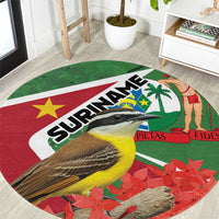 Round Suriname-themed area rug, close-up view of bird and 'SURINAME' text on red/green
