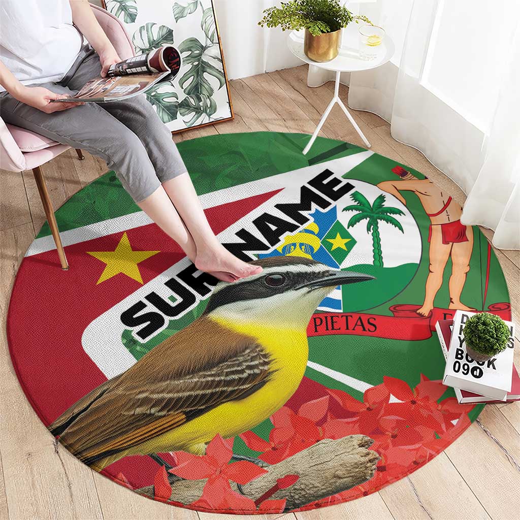 Round Suriname-themed area rug, red green with birds, palm tree, and star flag graphics