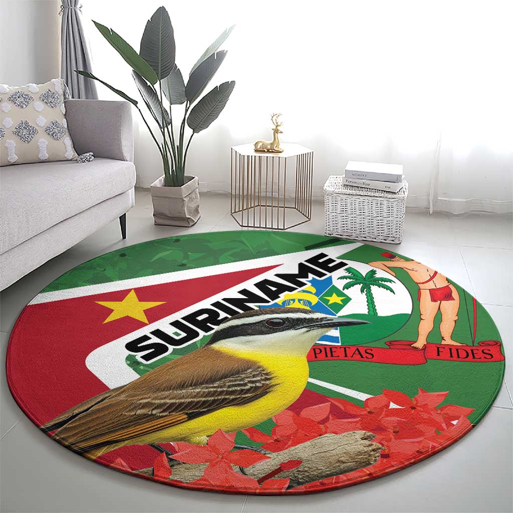 Round Suriname-themed round rug with bird, palm, and 'SURINAME' banner in red and green