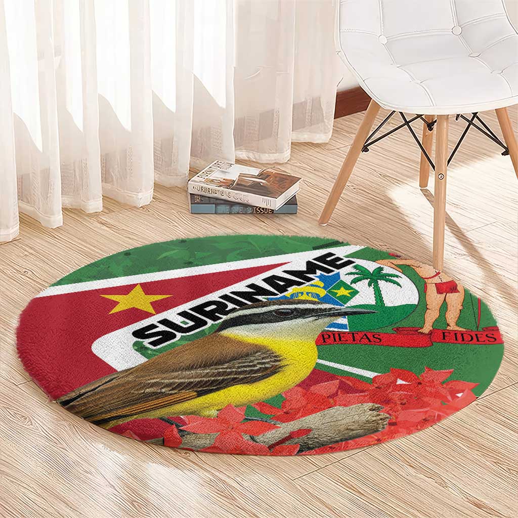 Round Suriname-themed area rug with bird and red flower graphics on green and red