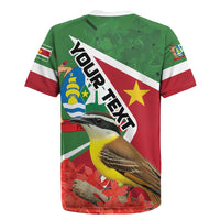 Suriname rugby jersey back view with green and red panels, bird graphic, and sleeve crest