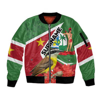 Unisex zip-up bomber jacket with green, red and white flag graphic; ribbed cuffs
