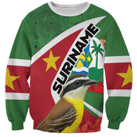 Green sweatshirt with Suriname flag print and bird graphic, long sleeves