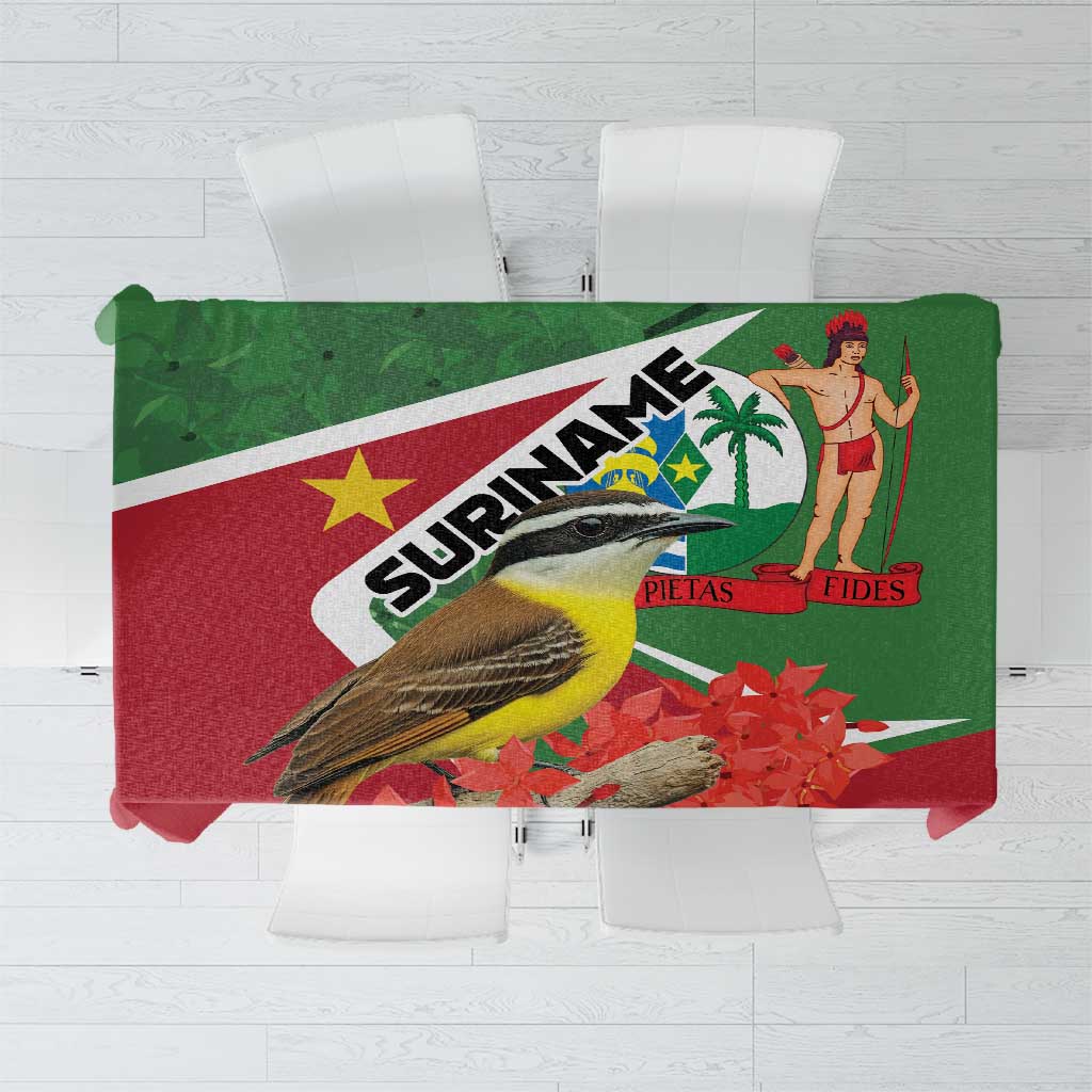 Suriname tablecloth with green-red flag and bird graphic, bordered fabric