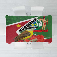 Suriname tablecloth with green-red flag and bird graphic, bordered fabric