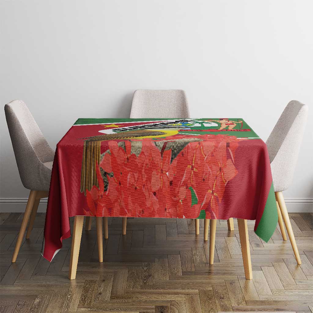 Suriname tablecloth with centered flag design, red floral field and green side panels